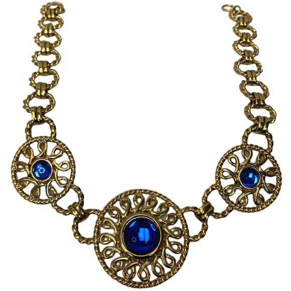 Guy Laroche Gold Blue Cabochon 3 Ring Necklace - Picture 1 of 4